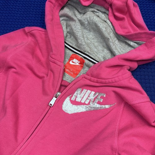 Nike Girls Full Zip Hoodie Jacket Size XL Hot Pink Swoosh Sequins Cotton Unlined