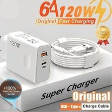 120W Fast Charger PD USB 2-in-1, 2 Ports + USB Type-C Cable UK/EU/US Plug