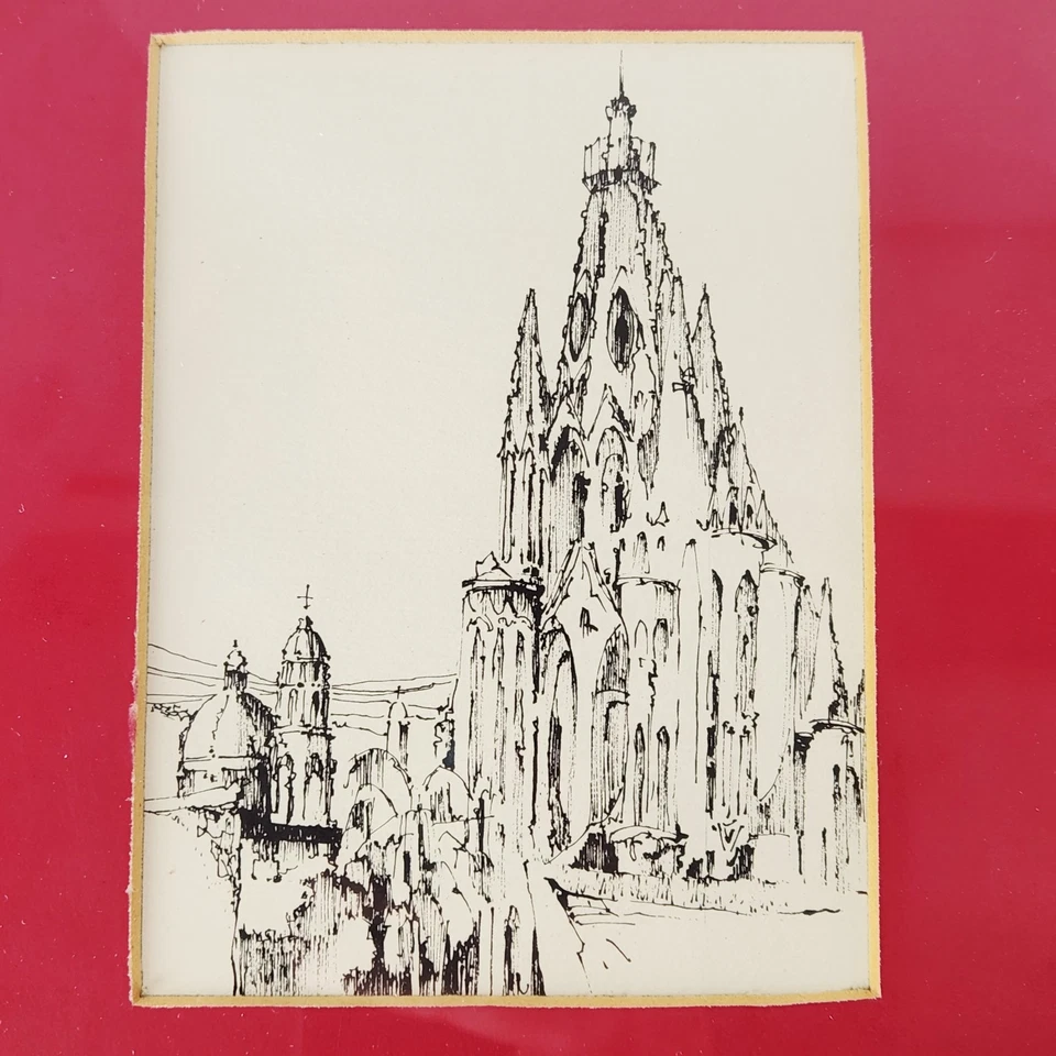 原装复古钢笔和墨水风景画 7x8.5 英寸黄铜手工框架悬挂 — 第 2/4 张图片