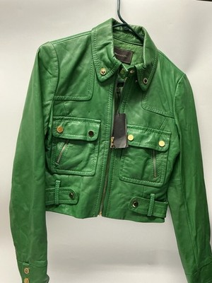 BCBGMAXAZRIA Robyn Cropped Leather Jacket Green XS Lined Zip Pockets