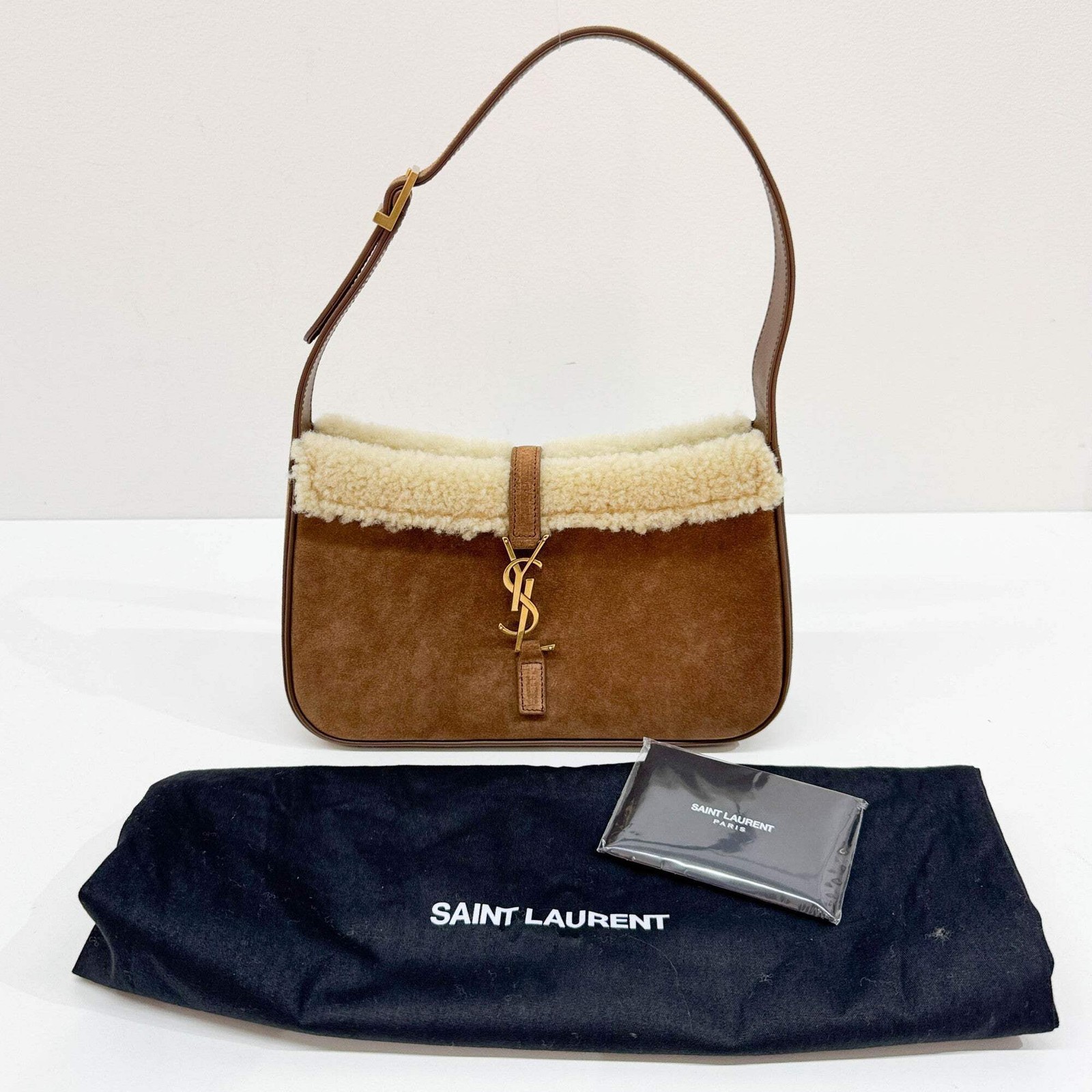 SAINT LAURENT Fur Trim Brown Suede Shoulder Bag thumbnail 4