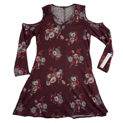 Three Pink Hearts Cold Shoulder Dress size XL Burgundy Floral Long Sleeve