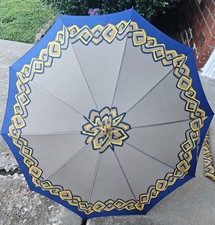 Vtg Post Nylon Umbrella Parasol bamboo Handle Cover Blue Grey Yellow Italy