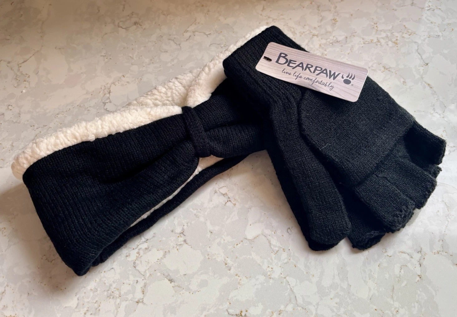 NWT BEARPAW Black Sherpa Lined Headband & Fingerless Gloves Set Faux Fur OS