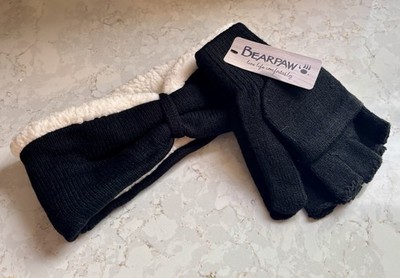 NWT BEARPAW Black Sherpa Lined Headband & Fingerless Gloves Set Faux Fur OS
