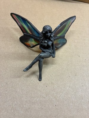 Pewter Fairy cast stained glass wings sitting marked M 