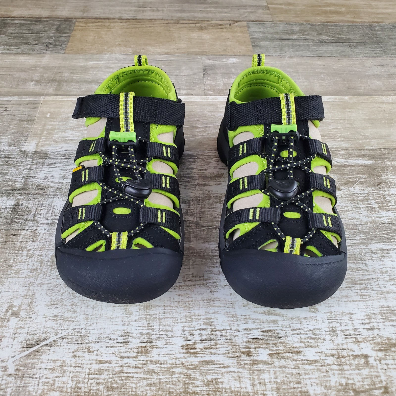 Sandali da bambino Keen Newport H2 taglia 12 neri verde lime con lacci elastici con gancio e passante