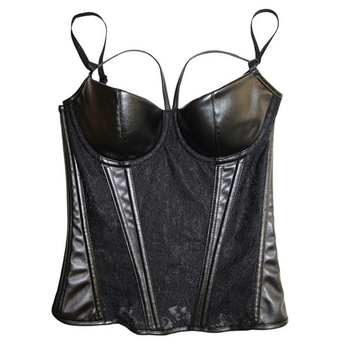 Corsetto Vestito Donna Sexy Pizzo Overbusts Bustier Corsetti Push Up Gotico Pelle PU - Foto 11 di 12
