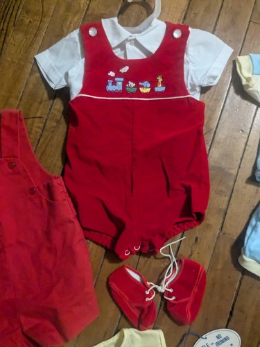 Baby Boy Vintage Velvet Red Shortall Train,Car, Little Miracles,Vest 6-9m - Picture 4 of 7