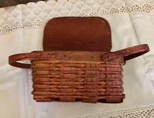Primitive antique mini woven Basket with handles and Lid Small… 7”x5x4”