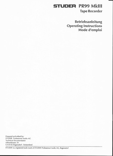 Revox Bedienungsanleitung user manual für PR 99 MKIII  MK 3 mehrsprachig Copy - Afbeelding 1 van 1