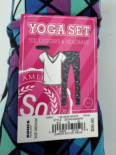 Junior Girl Active Wear Yoga Set Tee Legging and Headband Medium Soft Stretch - Picture 2 of 6