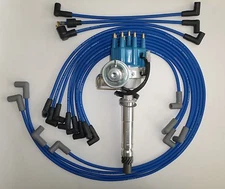 SMALL BLOCK CHEVY BLUE Small CAP HEI Distributor, SPARK PLUG WIRES under exhaust