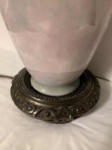 Vintage Iridescent Glass Table Lamp, Brass Base & Blue Pearlized, Gold Flowers - Picture 7 of 12