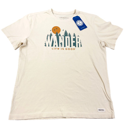 Life Is Good Shirt Men Large Cream White Crusher Tee Wonder Forest Hiking Adult