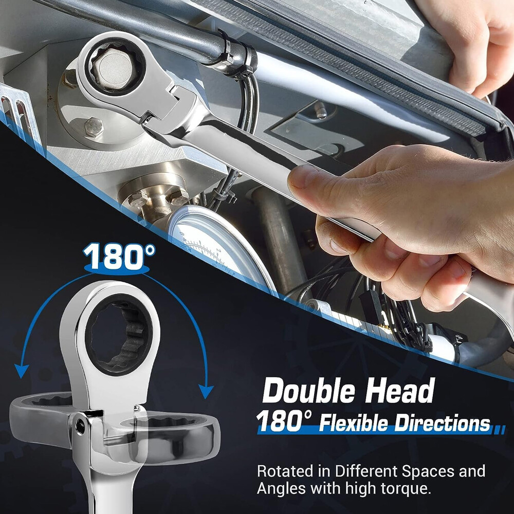 6pcs Ratcheting Wrench Set Double Box End 180° Flex-Head 72 Teeth