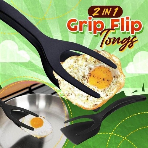 2 In 1 Grip Flip Tongs Egg Spatula Tongs Clamp Pancake Fried Turners Kitchen - Picture 1 of 9