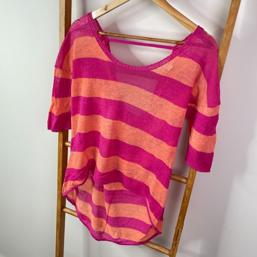 Witchery Shirt Top Womens Small Orange Pink Striped Knit Sheer Short Sleeve - Picture 3 of 10