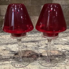 PAIR(2) RUBY RED GLASS FAIRY VOTIVE LAMP FLARED LID 7 3/4”T LOOK UNUSED