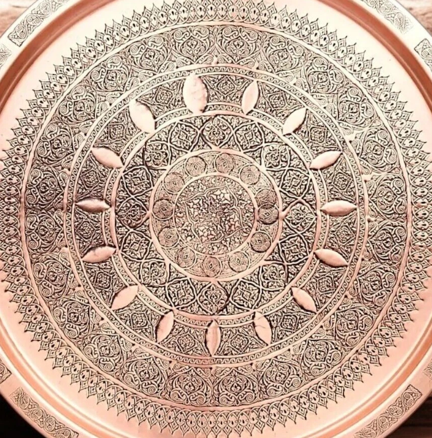 27.5in Turkish Copper Tray, Engraved Round Serving Tray, Handmade Copper Tray - Image 4 of 4