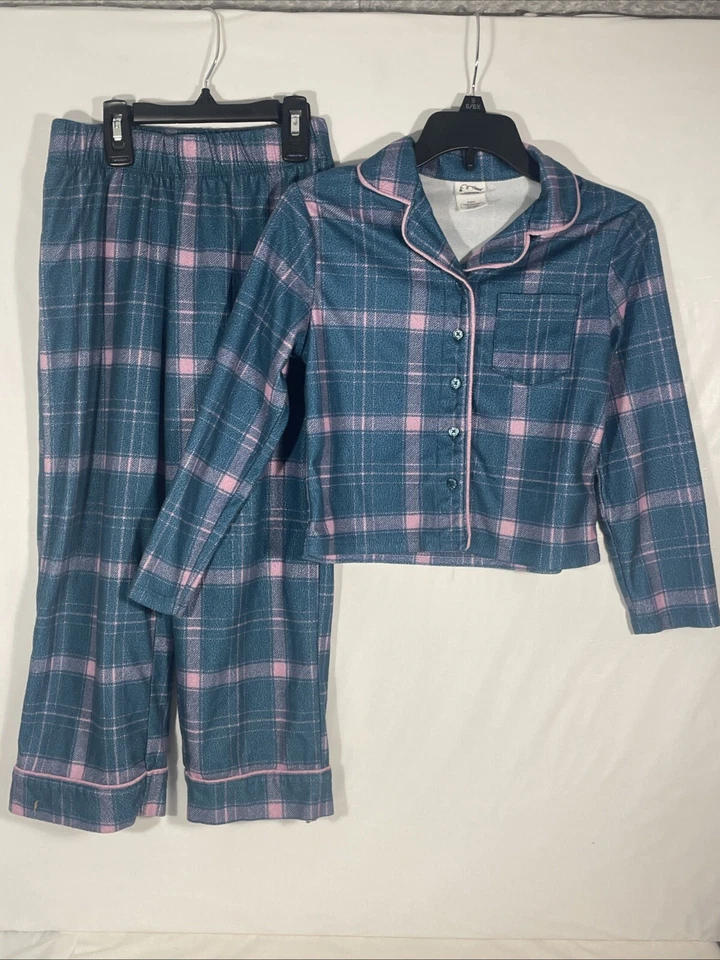 Conjunto de pijama de franela a cuadros para niñas talla S 6/7 botón clásico usado en excelente estado 2 piezas algodón bolsillo PJ Foto 3 de 4