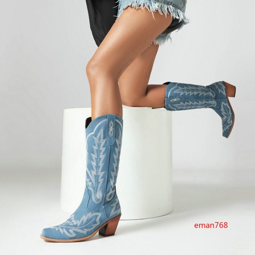 Stickerei Cowboy Kniehohe Stiefel Damen Halbhoher Halbhoher Absatz Western Cowgirl Stiefel - Bild 10 von 28