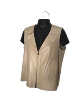 Oscar De La Renta Genuine Leather Vest Beige Gold Zipper Size 10 Made In USA