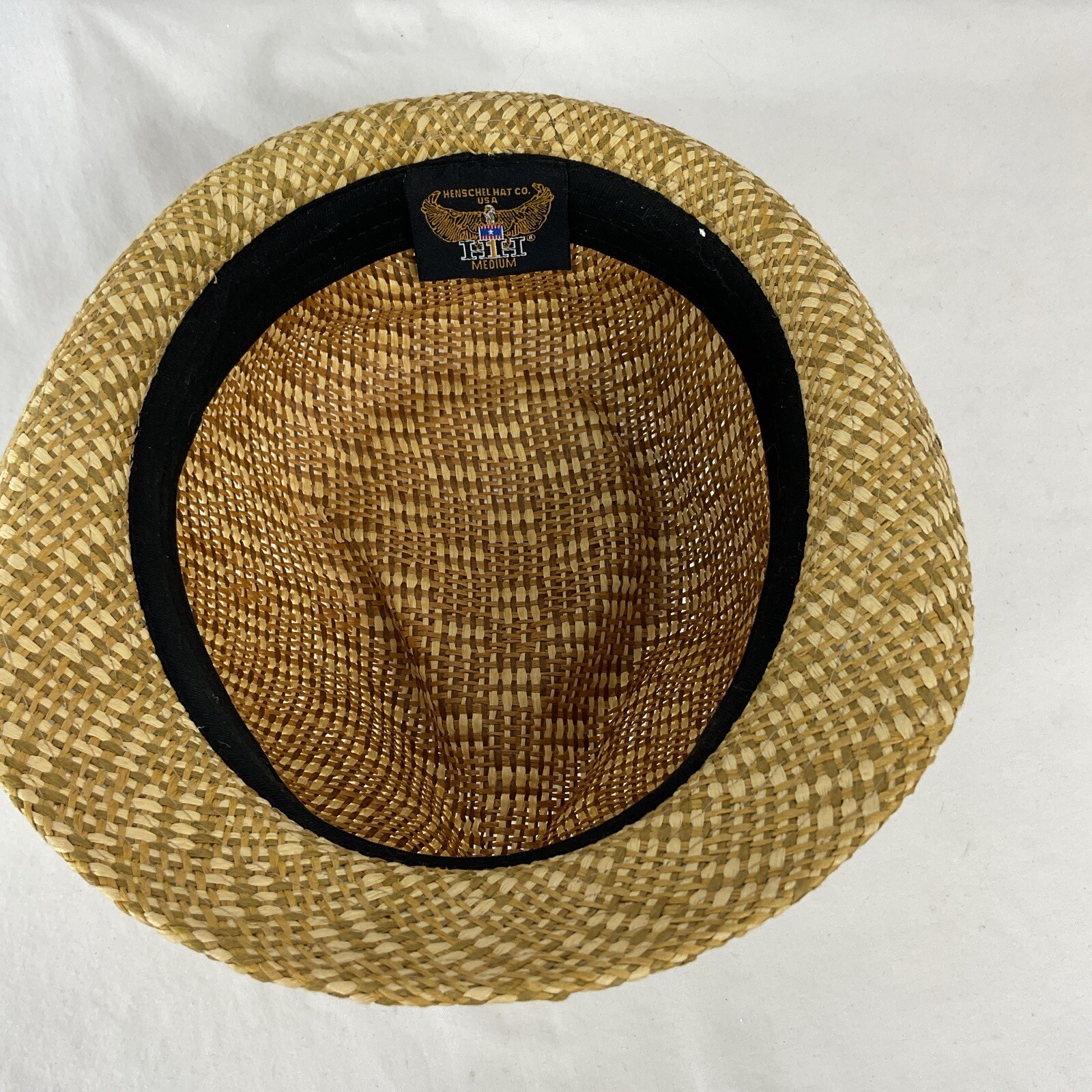 Henschel Hat Company Medium Raffia Straw Fedora Narrow Brim Brown Band