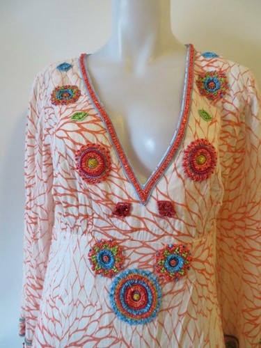WOMENS TAMARA MAGEL ORANGE/WHITE BEADED TUNIC MINI DRESS SZ: S * - Picture 3 of 8