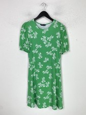 M&S Green White Floral Knee Length Skater Dress Puff Sleeve UK 12