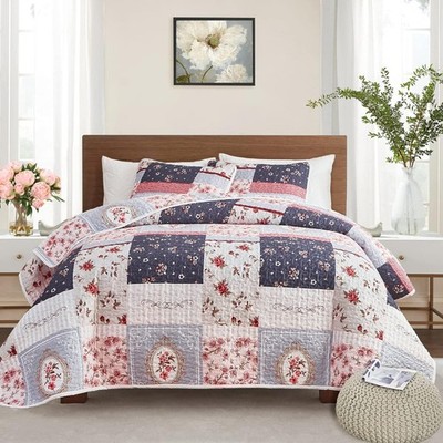 Patchwork Quilt Set Full/Queen Size, 3 Pieces Grey Floral Plaid Summer