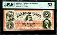 Scarce Blank Back 10/30/1861 Bullion Bank Washington DC Issued $5 Note PMG AU53