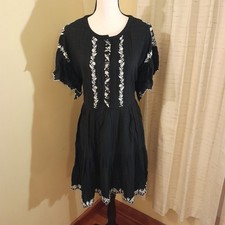 Free People Black Santiago Embroidered Babydoll Ruffle Dress sz M NWT 