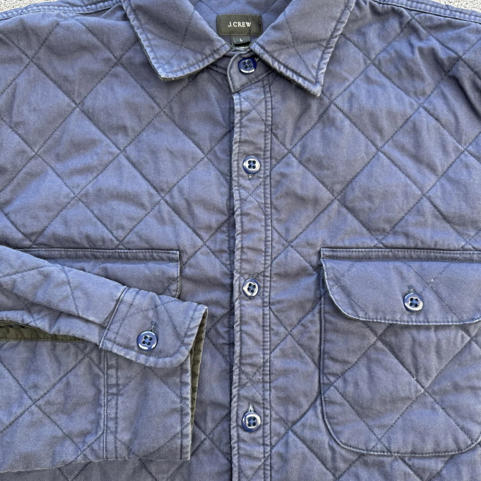 J.CREW Jacket Mens L Blue Quilted Collared Lined Insulated Pockets Cotton