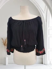 Sienna Sky Crop Top Sz M Off Shoulder Shirt Black Bell Sleeve Blouse Embroidered
