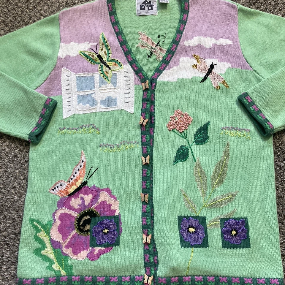 Vintage Storybook Knits Cardigan Sweater Womens Large Butterfly/Dragonfly/Floral - Image 3 of 4