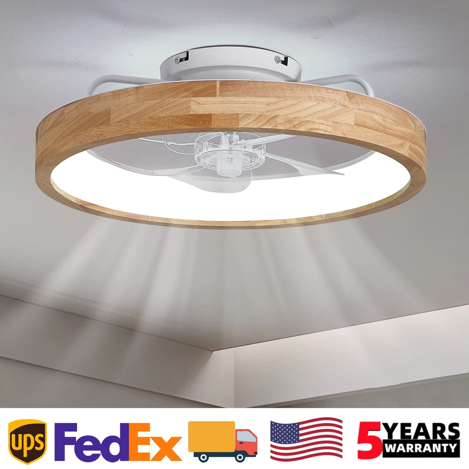 20" Wood Low Profile LED Ceiling Fan Light Flush Mount with Remote APP Control