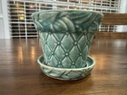 Vintage McCoy USA Teal Sea Green Diamond Bead Leaf Planter Saucer MCM