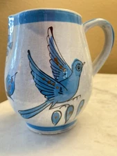 Tonala Pitcher Blue Bird & Flowers; Hand Painted Mexico; 5.5” H; Vintage