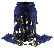 Blue Middle Eastern 3 ROWS ornament Coins BELLY Dance sheer Costume HIP SKIRT