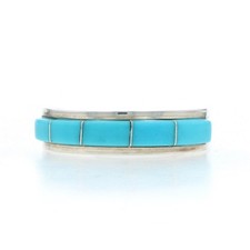 Native American Sterling Silver Turquoise Band - 925 Inlay Stackable Ring