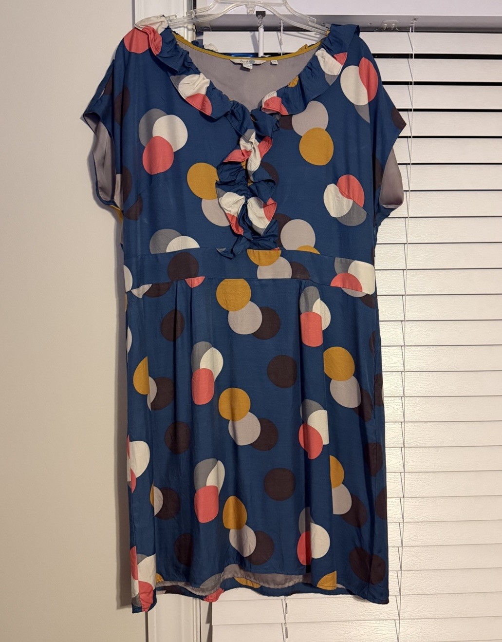 Boden Blue Polka Dot Ruffle Neck Knee Length A-Line Dress US 14R