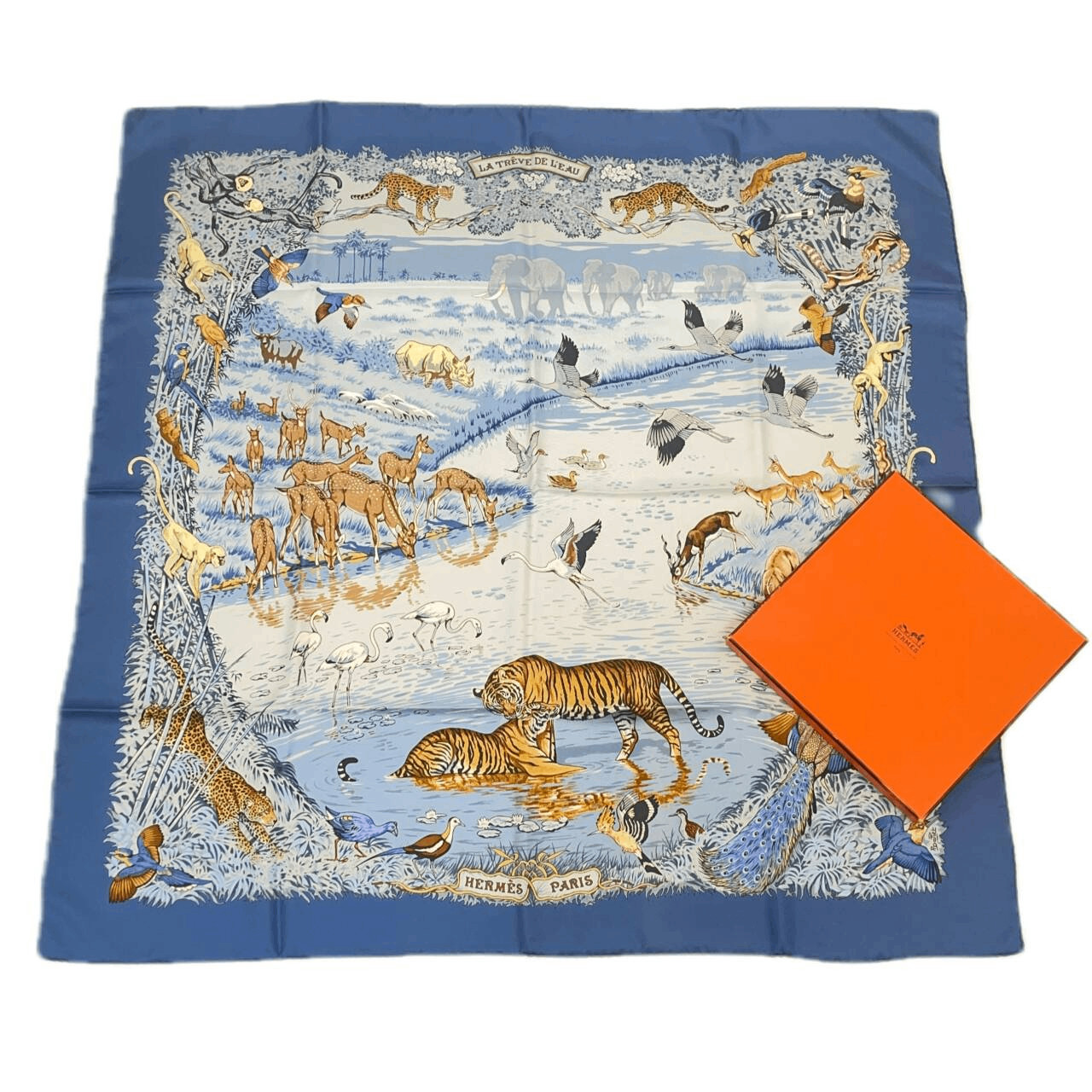 Excellent HERMES Carre 90 "LA TREVE DE L'EAU" Blue Silk Scarf 100% Authentic w/B