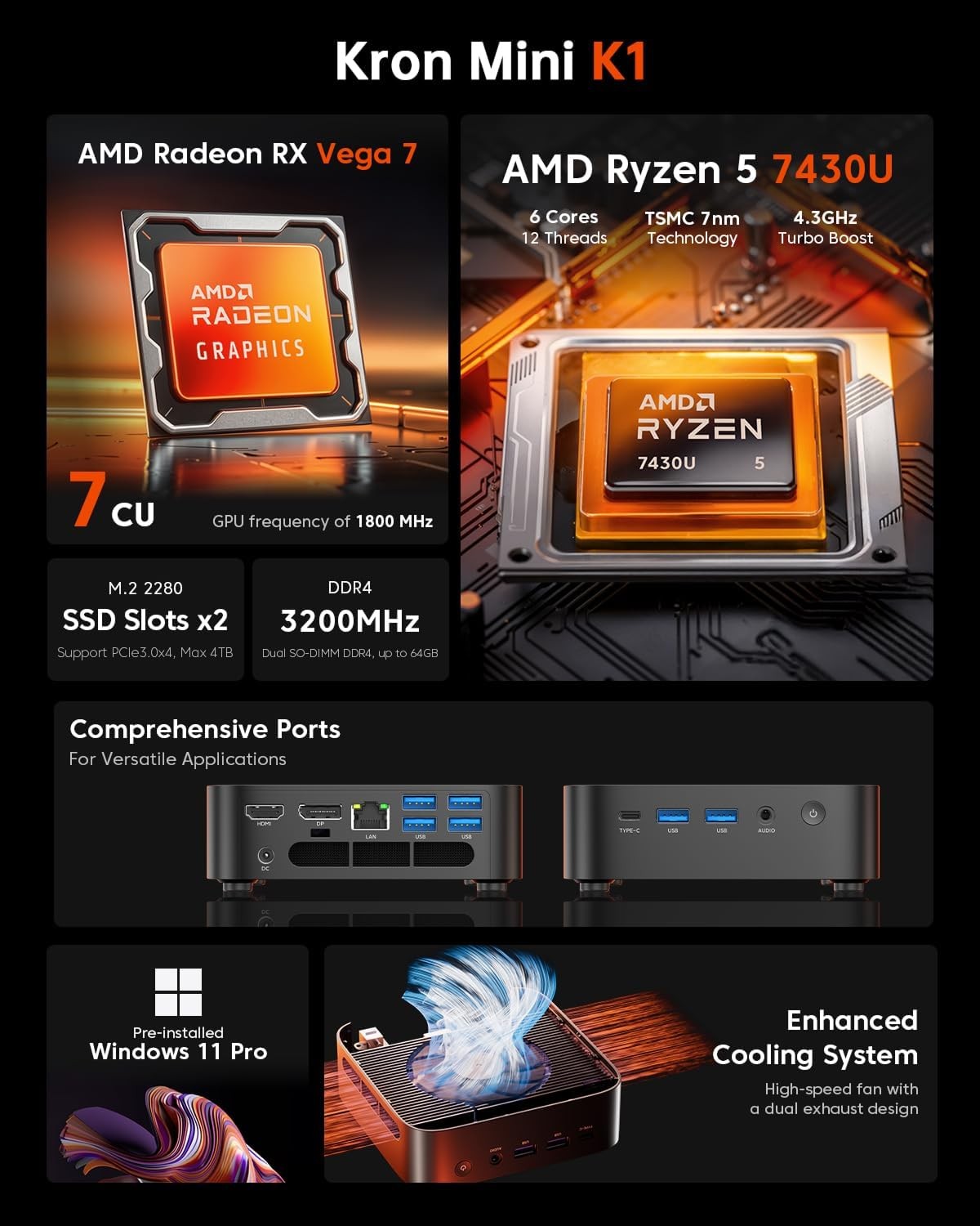 KAMRUI E3B Mini PC Windows 11 Pro Computers,AMD Ryzen 7 7430U,16GB RAM 512GB SSD