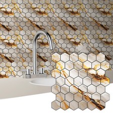 40 Sheet Peel and Stick Hexagon Wall Sticker, White and Golden Tile Sticker