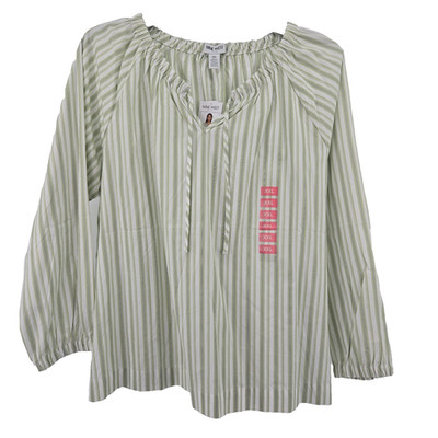 Nine West Women's XXL Woven Time Neck Top Laurel Green Stripe New