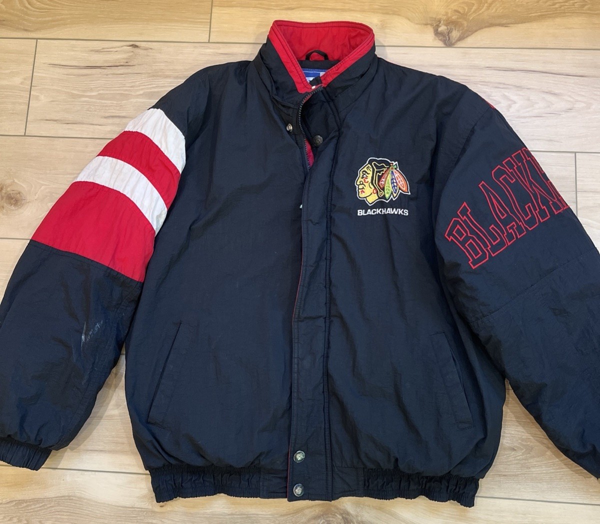 Vintage Chicago Blackhawks Starter NHL Jacket Mens Size Medium Stain