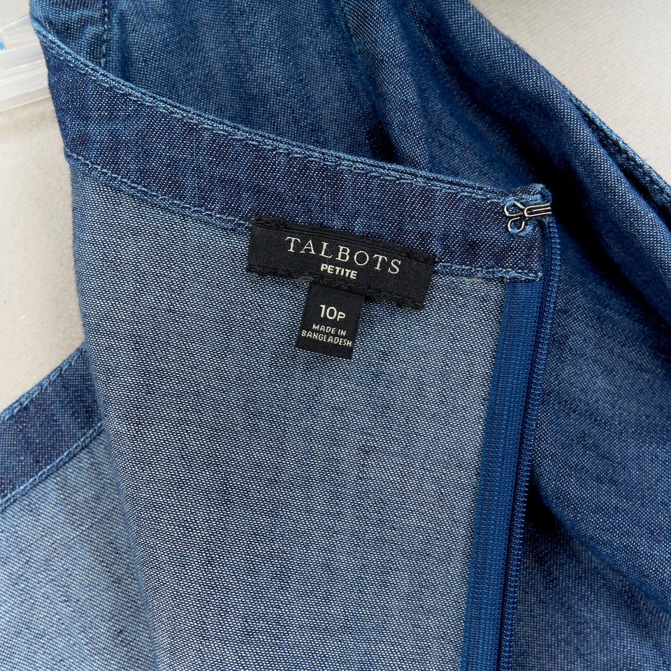 Vestido Talbots Para Mujer 10P Azul Denim Cambio Manga 3/4 Algodón Borde con Botones Foto 4 de 4