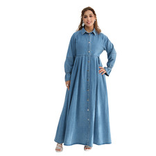 Women Muslim Long Sleeve Denim Robe Dress Abaya Dubai Evening Kaftan Maxi Gown