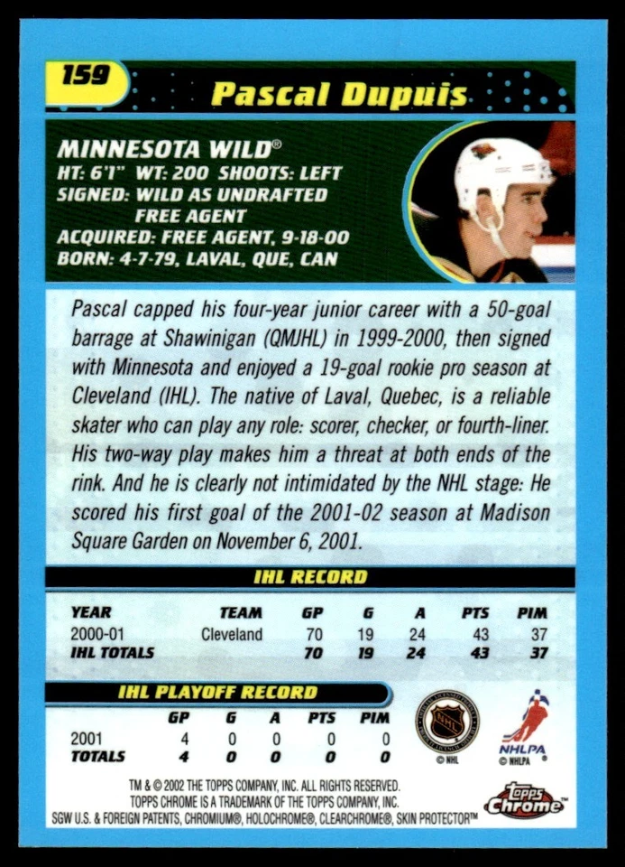 2001-02 Topps Chrome Pascal Dupuis Rookie Minnesota Wild #159 - Image 2 of 2
